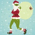 Winter illustration of a Grinch in a Santa costume and a sack of toys, snowflakes and snow. Royalty Free Stock Photo